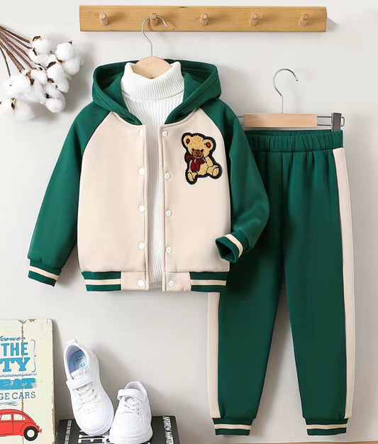 2pcs Boy's Bear Patched Outfit, Hooded Varsity Jacket & Sweatpants Set, Preppy Style, Kids Clothes For Spring Fall