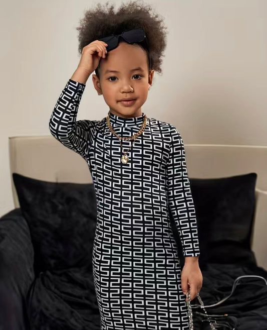 Girls Elegant Geometric Print Mock Neck Long Sleeve Bodycon Dress for 4-7 Years Old