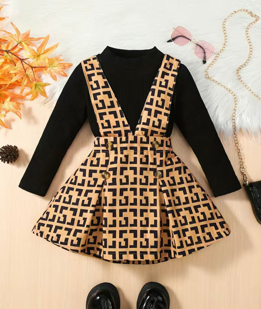 Girl's trendy 2pcs, long Sleeve Top & Overall Skirt Set, Geometric Pattern Print Casual outfits