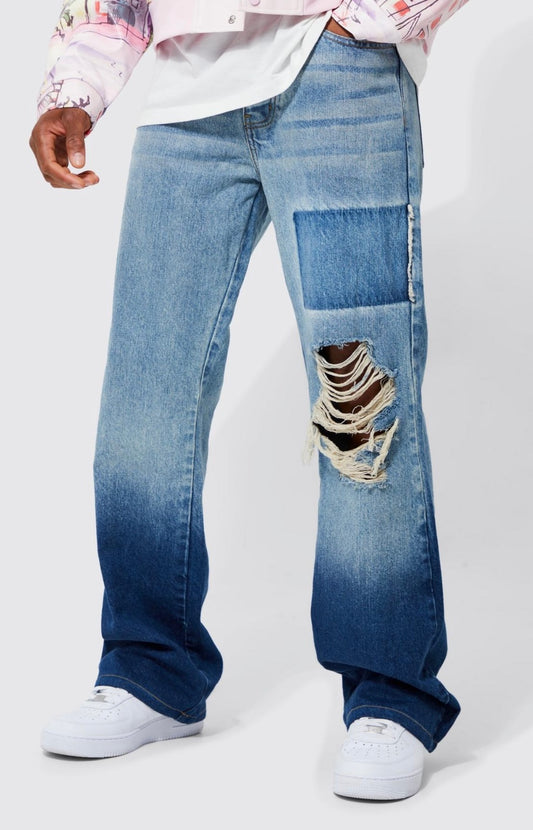 Relaxed Rigid Ripped Knee Flare Jeans