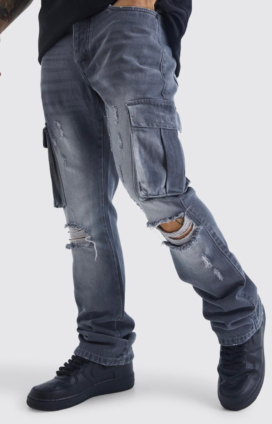 Slim Flare Rigid Ripped Cargo Pants